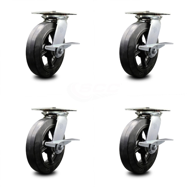 8 Inch Heavy Duty Rubber on Steel Caster Set with Roller Bearings and Brakes SCC